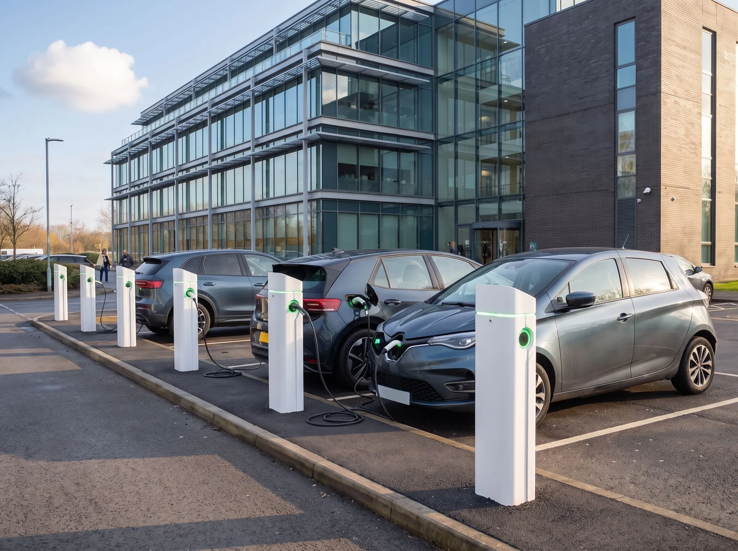 Commercial EV charging installation in a UK business car park with cars charging