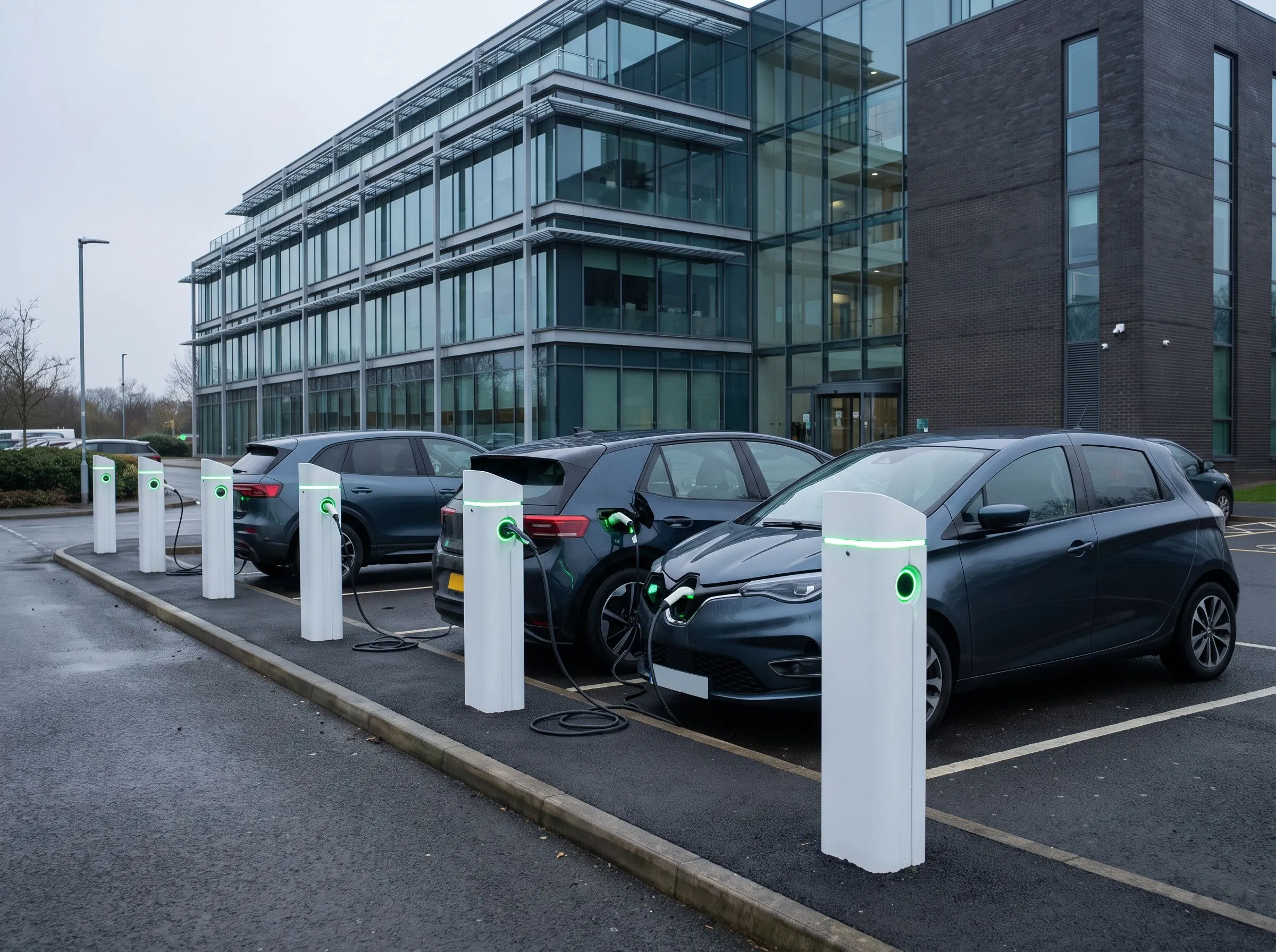 Commercial EV charging installation in a UK business car park with cars charging