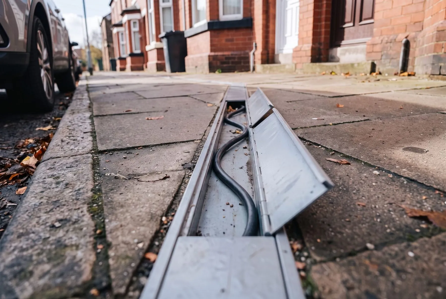 Cross-pavement channel with its lid lifted, showing an EV charging cable running flush under the pavement of a terraced street to the kerb