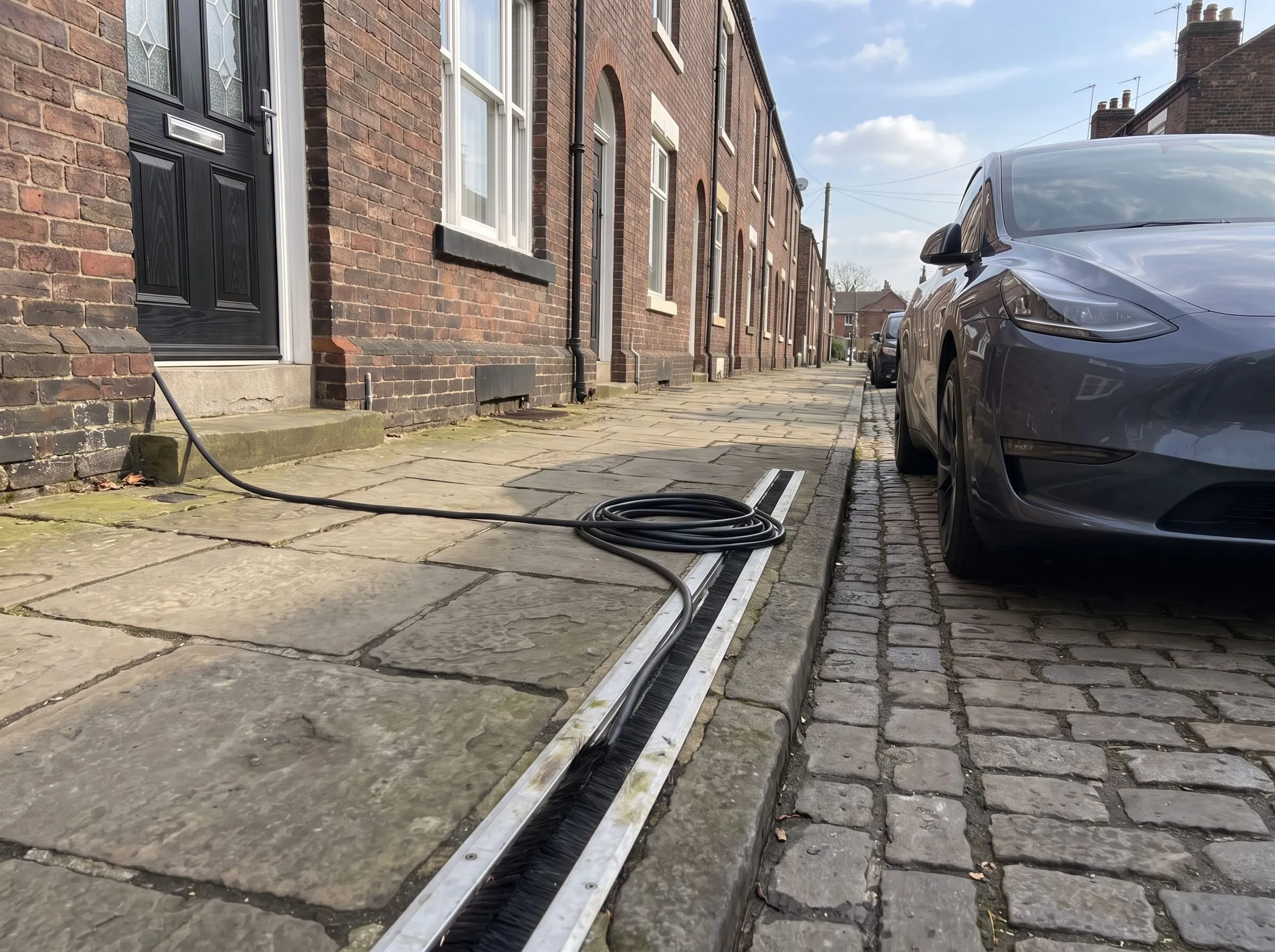 EV charging cable running through a flush cross-pavement channel from a terraced house to the kerb