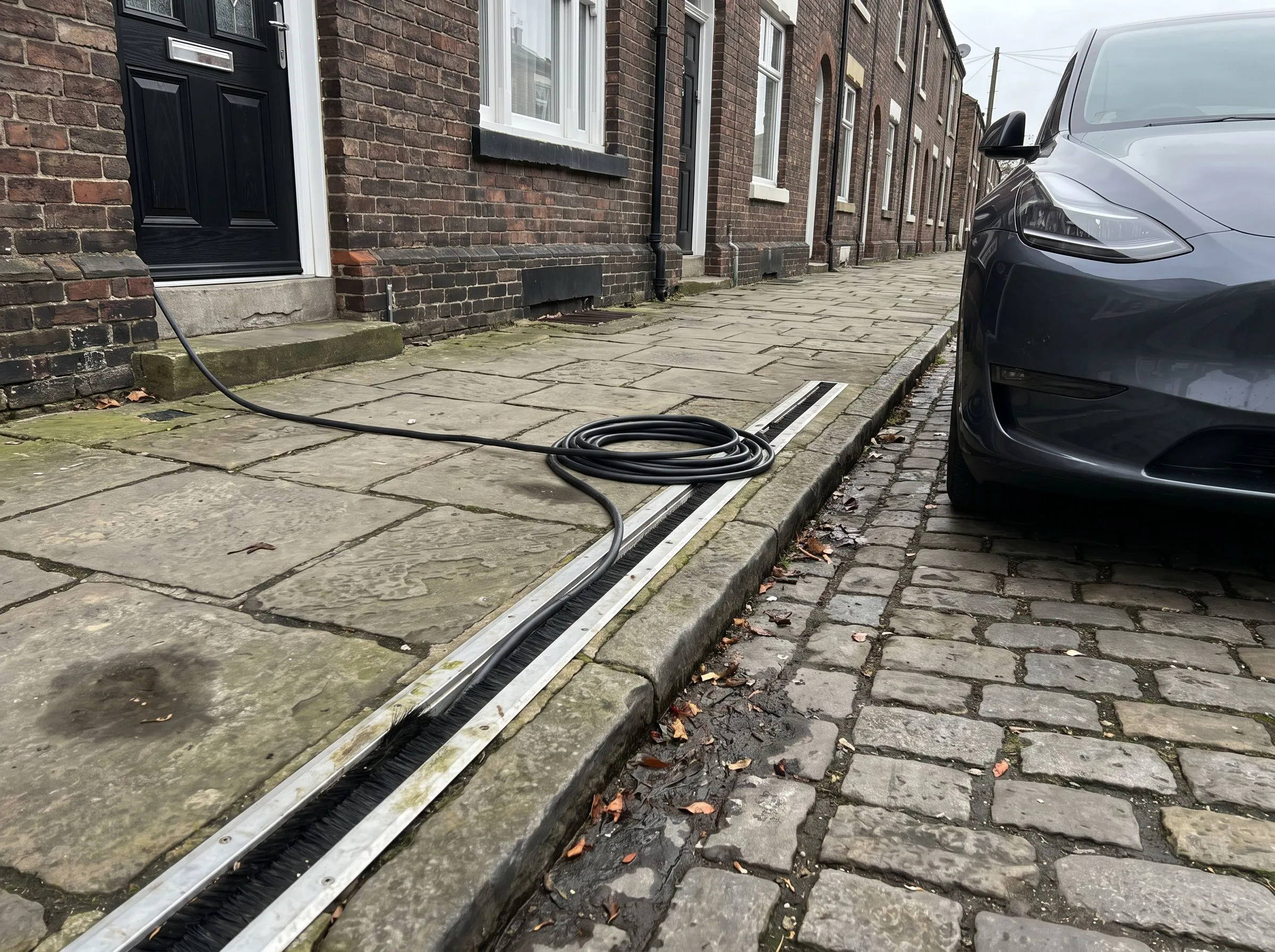 EV charging cable running through a flush cross-pavement channel from a terraced house to the kerb