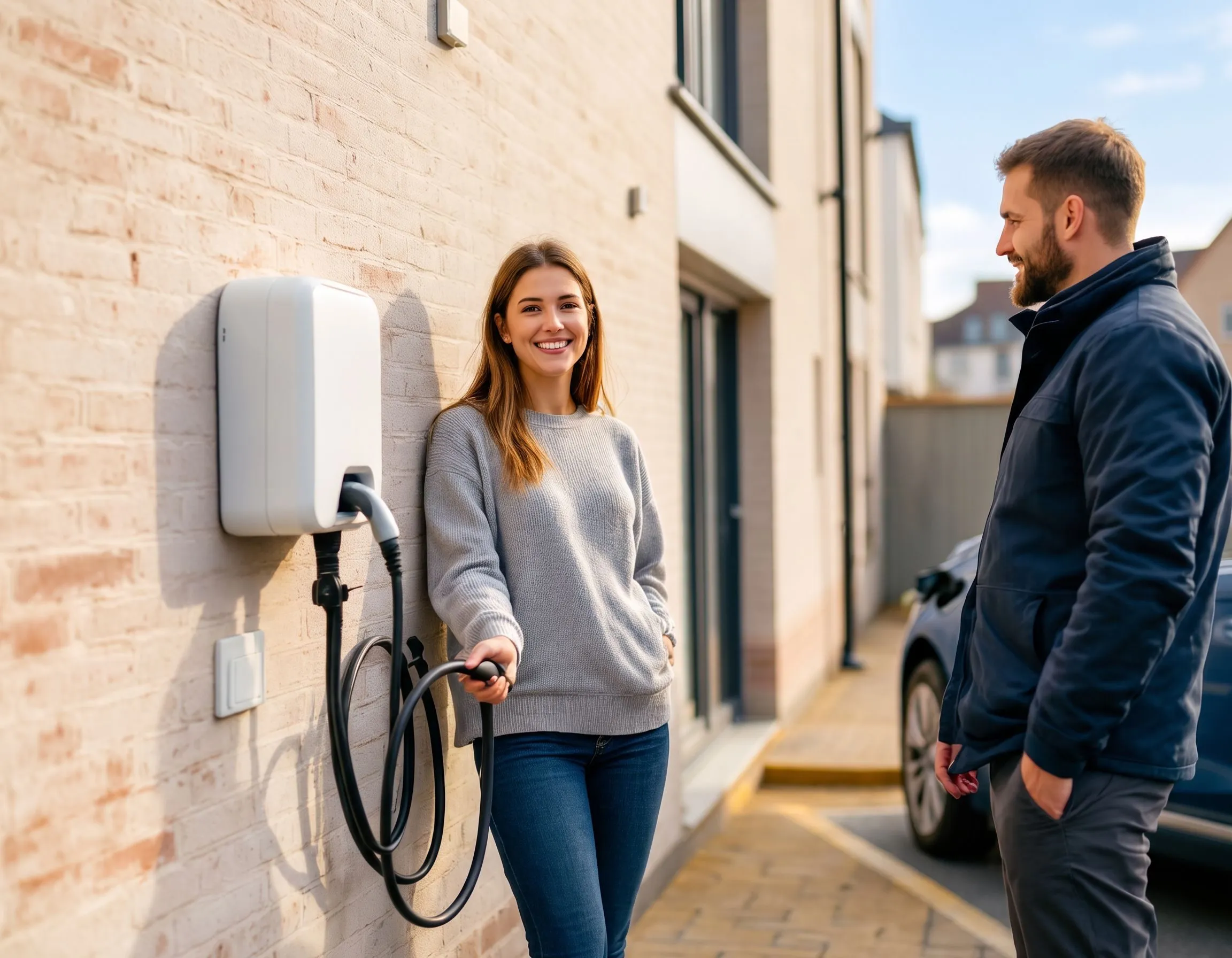 EV chargepoint grant funded charger at a flat’s allocated parking bay, with the renter and a Charge At Home installer