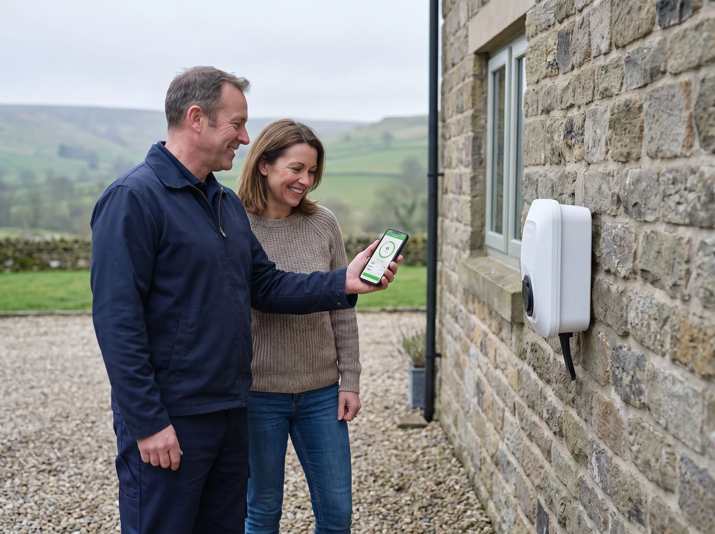 Charge At Home engineer showing a customer the charging app beside a newly installed EV charger at a North Yorkshire cottage