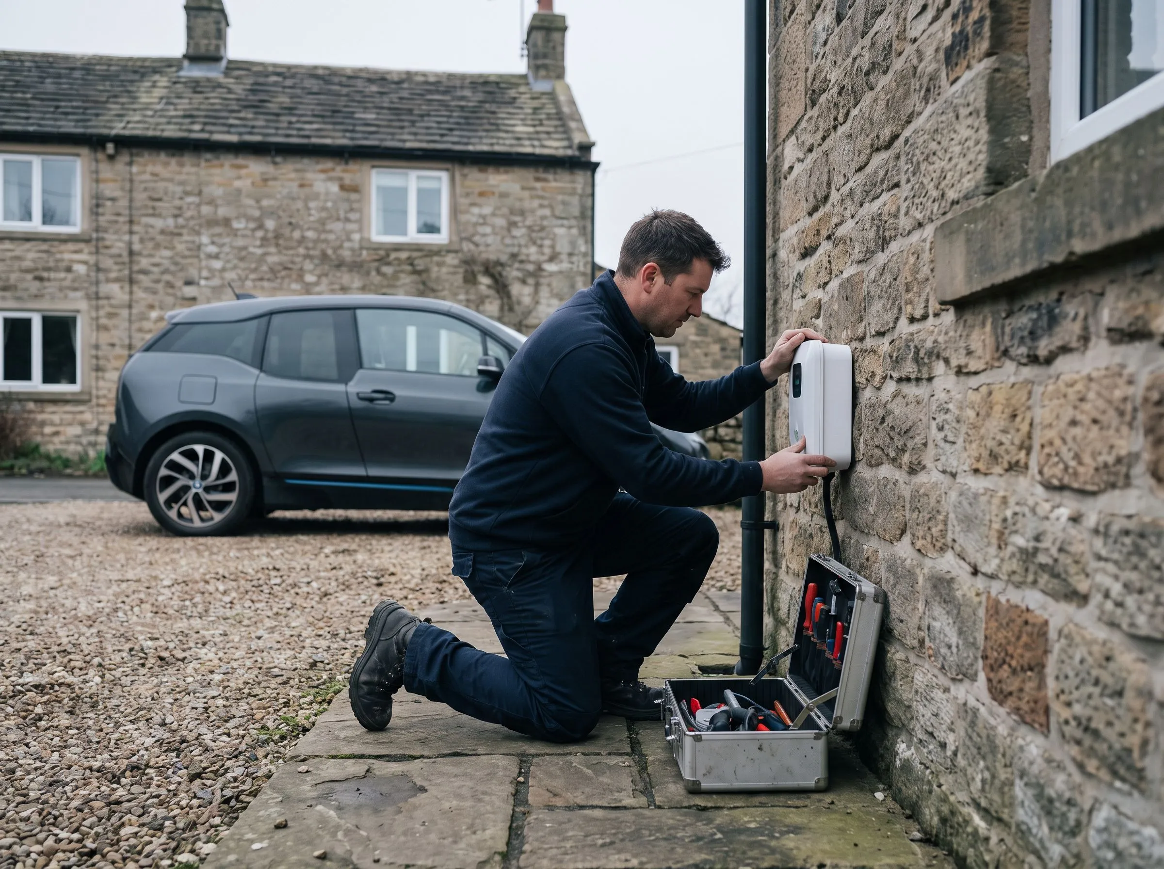 Electrician fitting a home EV charger to the brick wall of a house in North Yorkshire