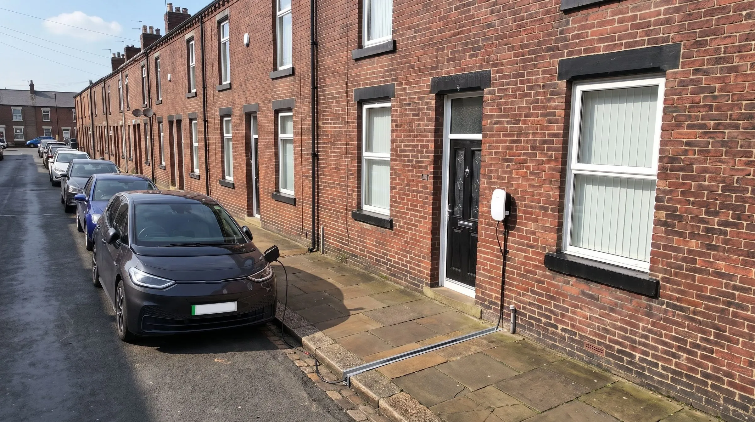 EV charging with no driveway: a cable runs from a wall charger through a flush cross-pavement channel to an electric car parked outside a terraced house