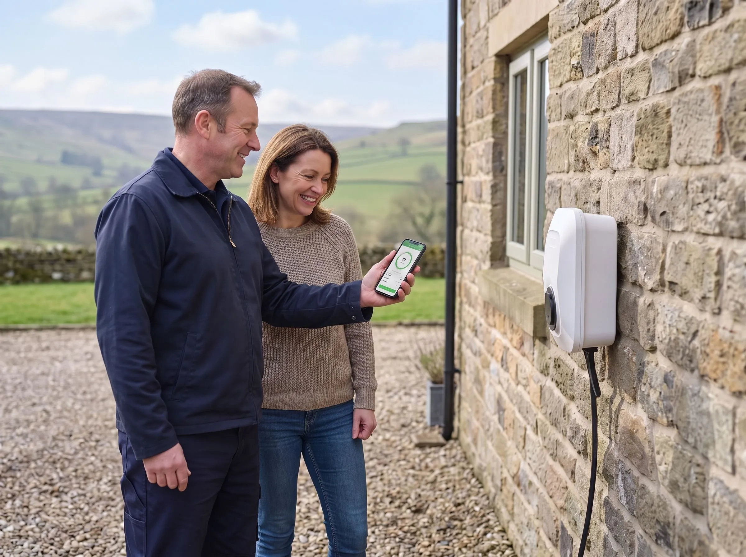 Charge At Home engineer showing a customer the charging app beside a newly installed EV charger at a North Yorkshire cottage