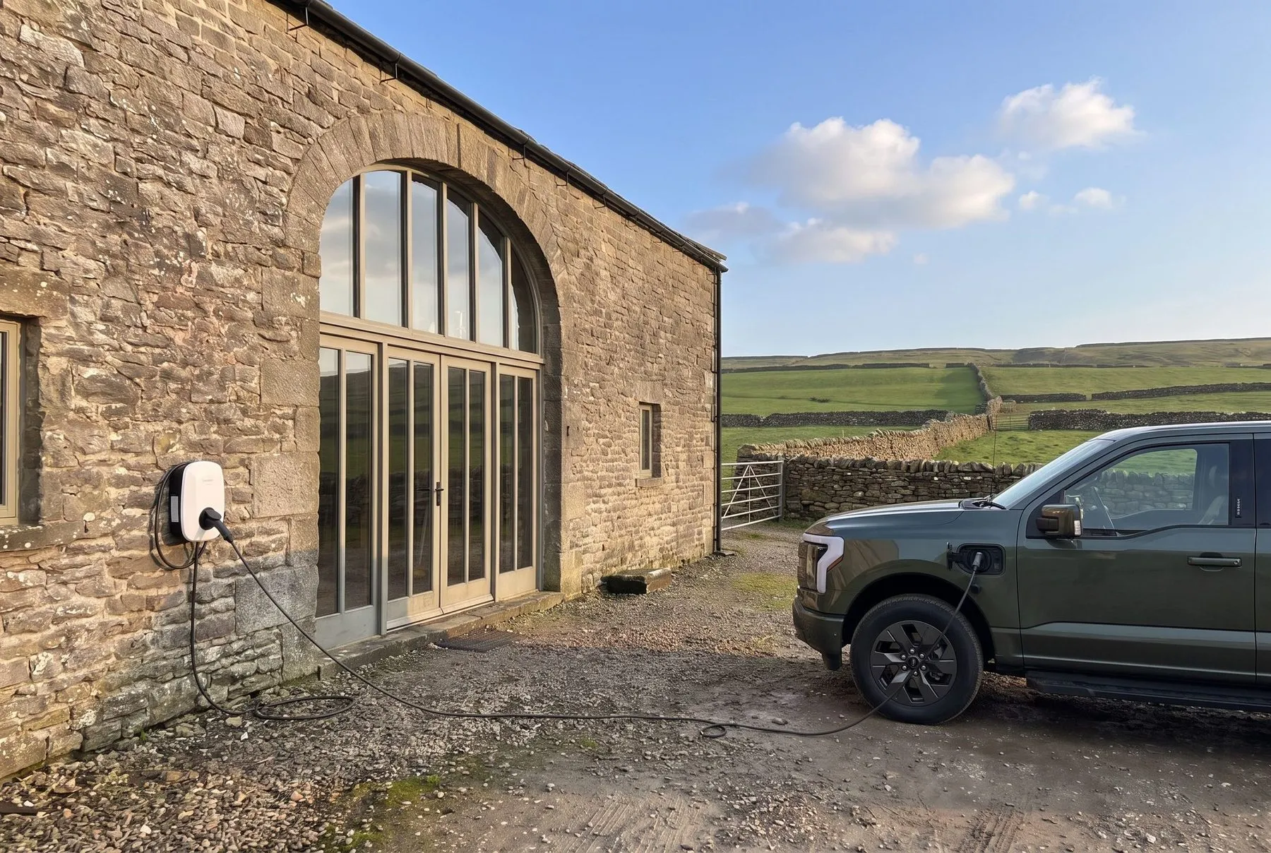 Wall-mounted EV charger on a converted stone barn used as a farm office in North Yorkshire, charging an electric pickup on the gravel yard