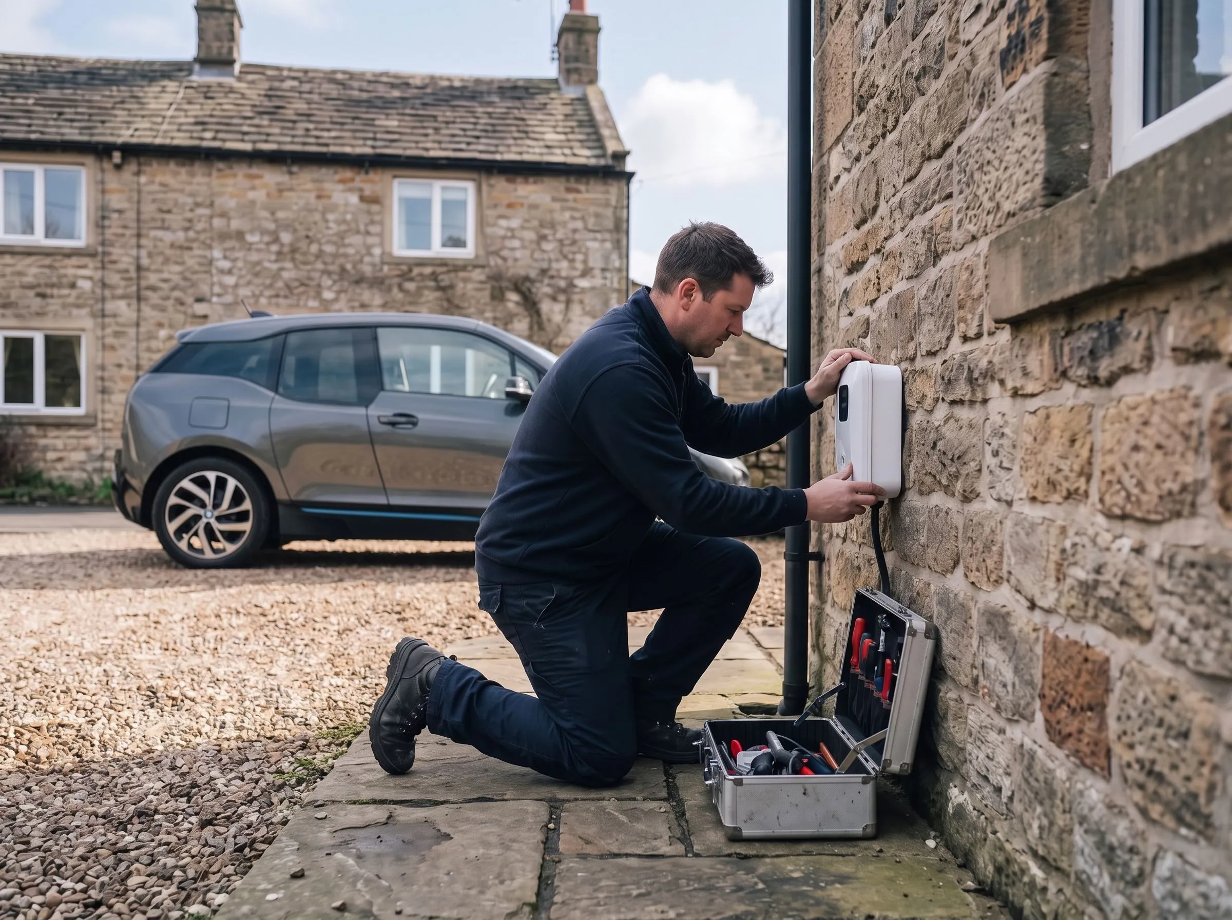 Electrician fitting a home EV charger to the brick wall of a house in North Yorkshire