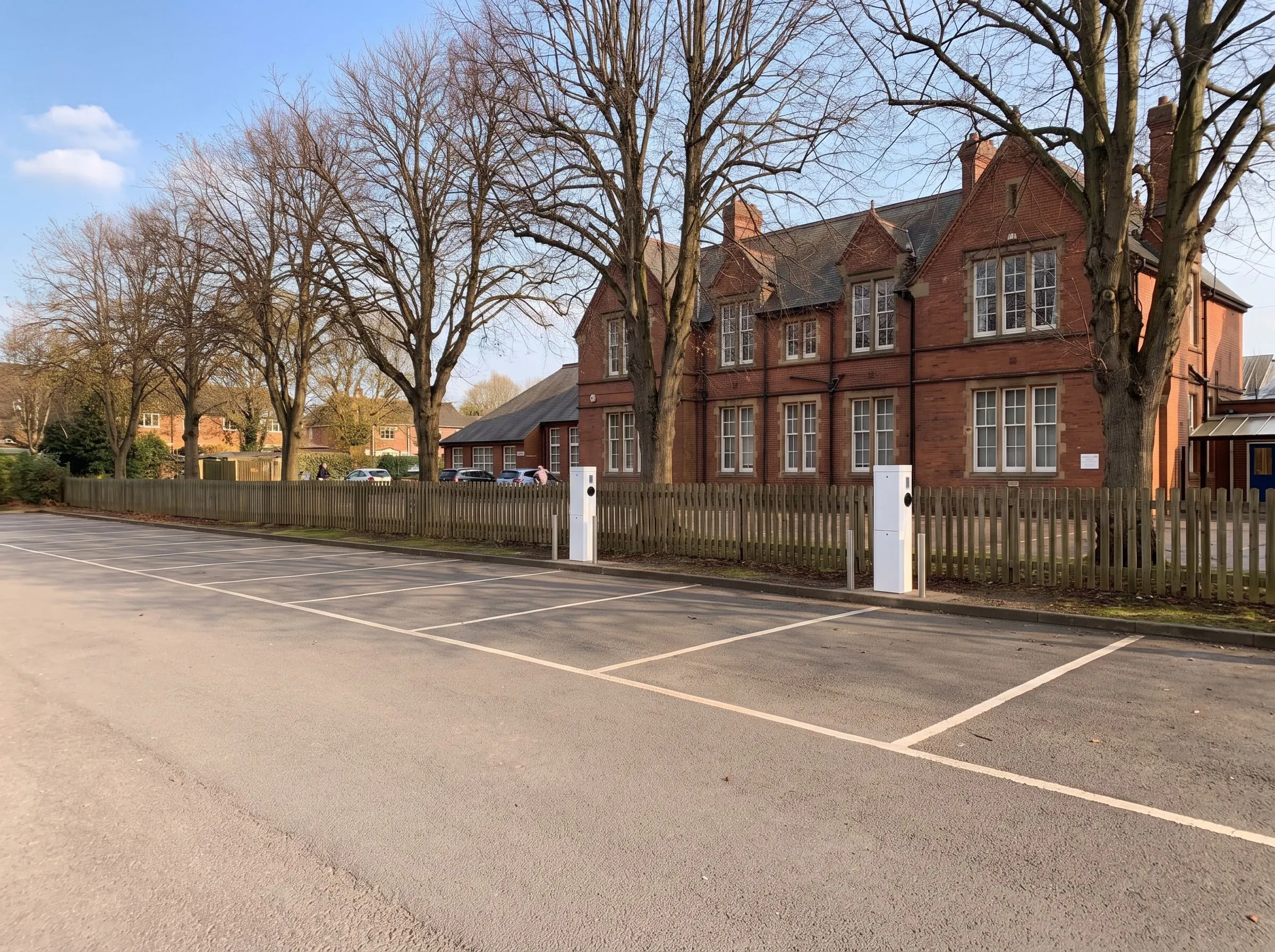 School EV charging installation with two charge points beside parking bays at a UK school