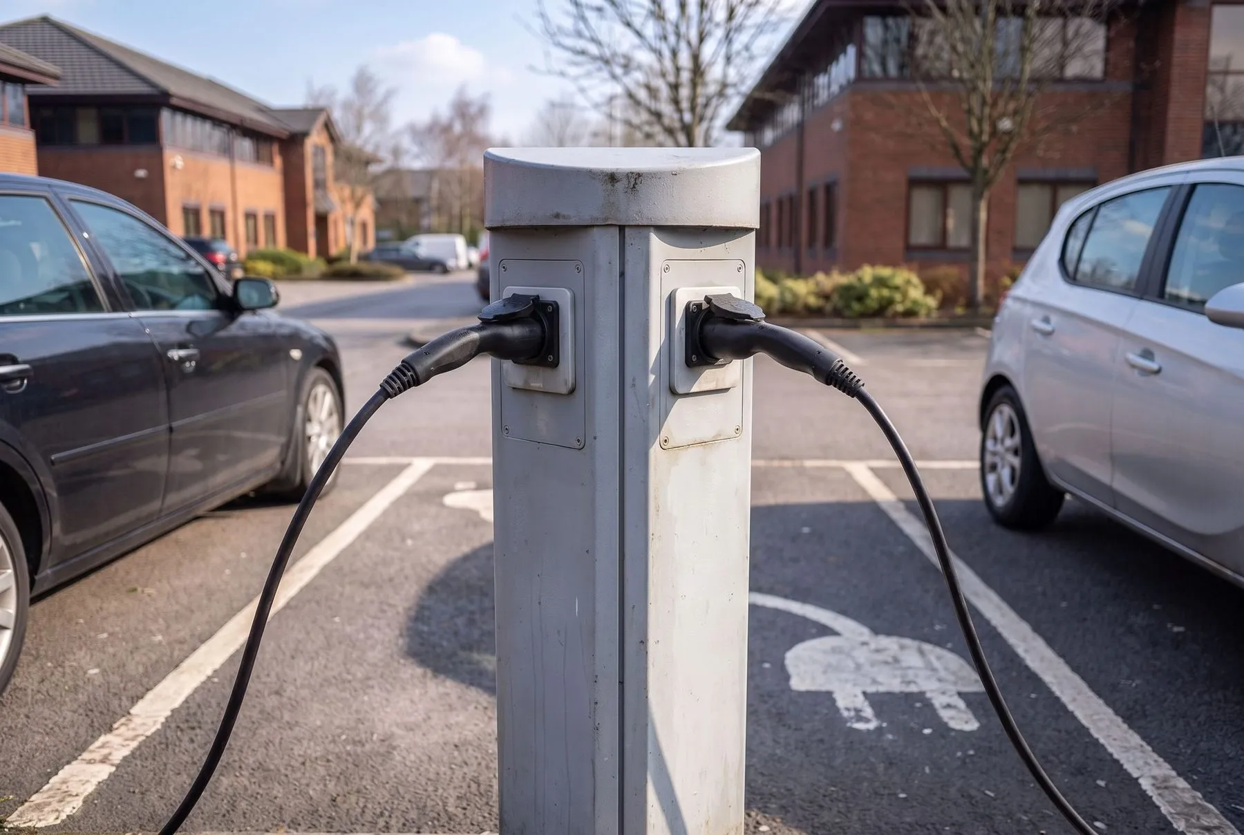 Twin-socket workplace EV charger with two staff cars plugged in either side, in marked bays in an office car park