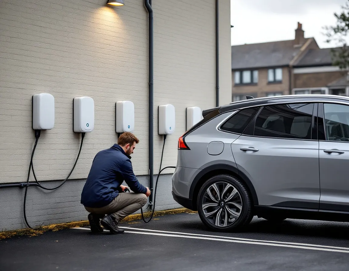 Workplace Charging Scheme grant-funded EV chargers being installed in a business car park by a Charge At Home electrician
