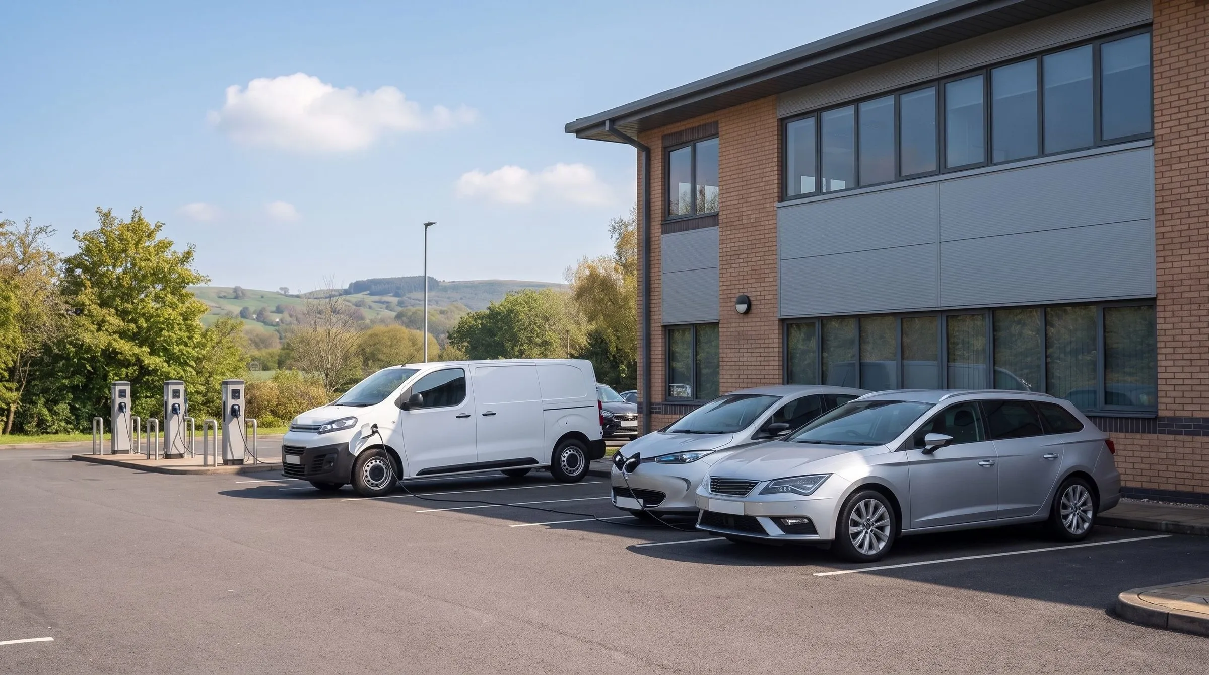Workplace Charging Scheme voucher funded EV chargepoints in a staff car park beside an office on a North Yorkshire business park